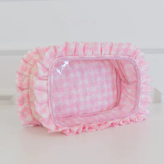 Pink Floral Ruffled Nylon Large Clear Pouch