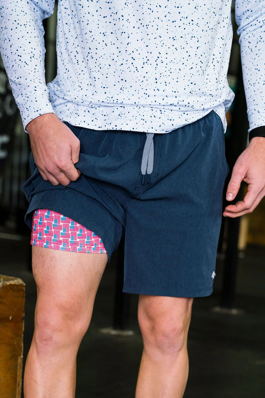 Athletic Short - Heather Navy - American Flag Liner 7"