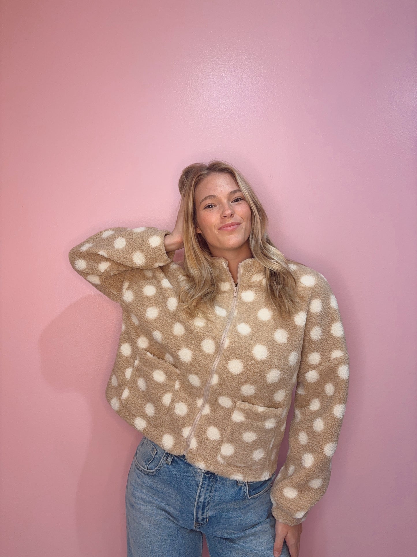 Polka Dot Front Zip Sherpa Jacket