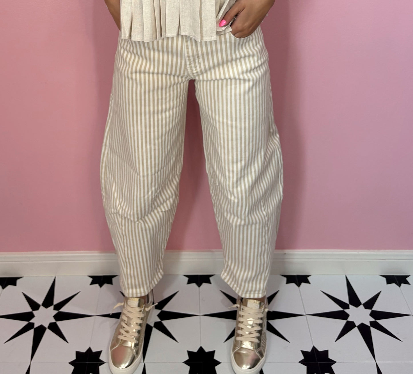 KANCAN- Low Rise Tan Stripe Barrel Jeans