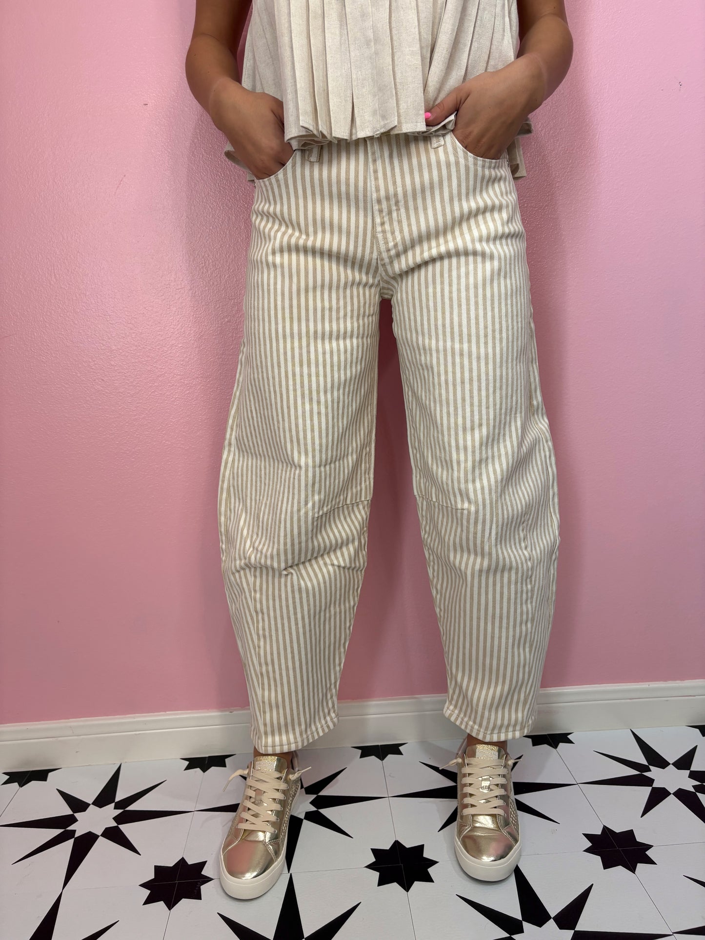 KANCAN- Low Rise Tan Stripe Barrel Jeans