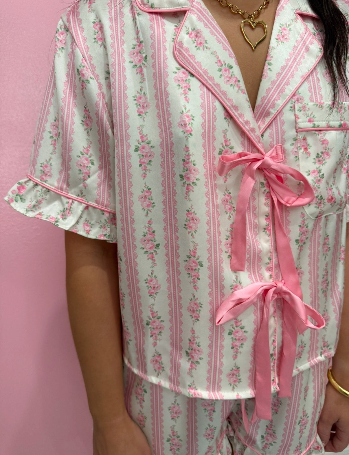 Pink Floral Bow Satin Pajamas