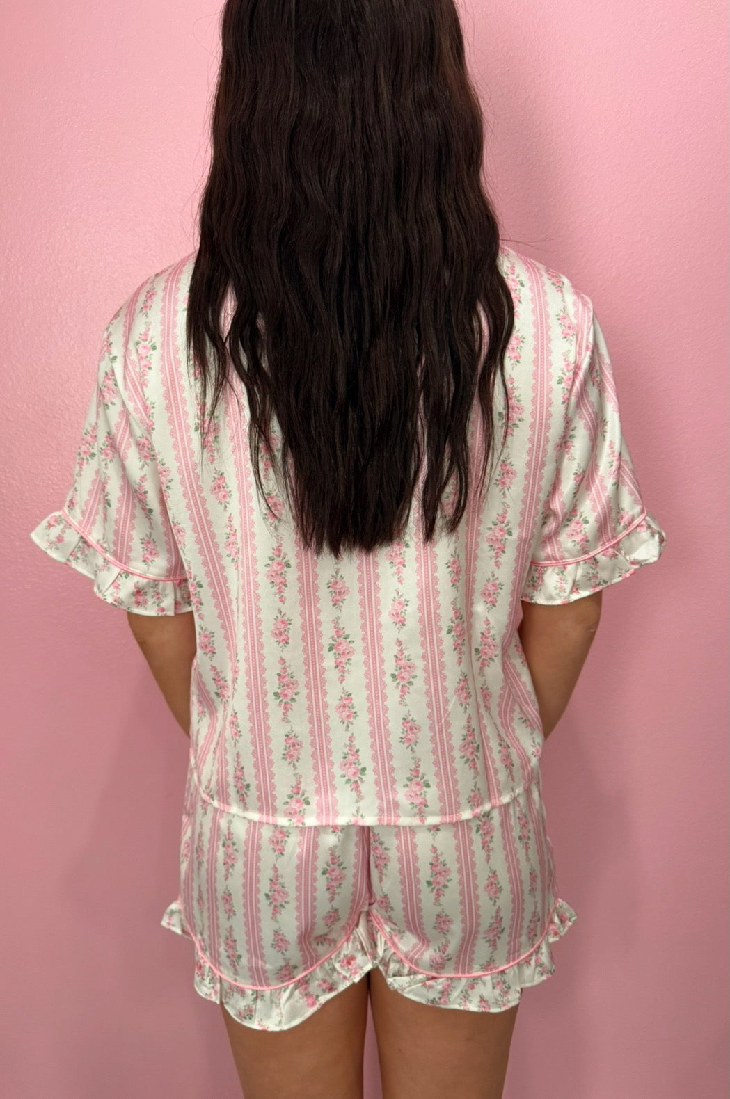 Pink Floral Bow Satin Pajamas