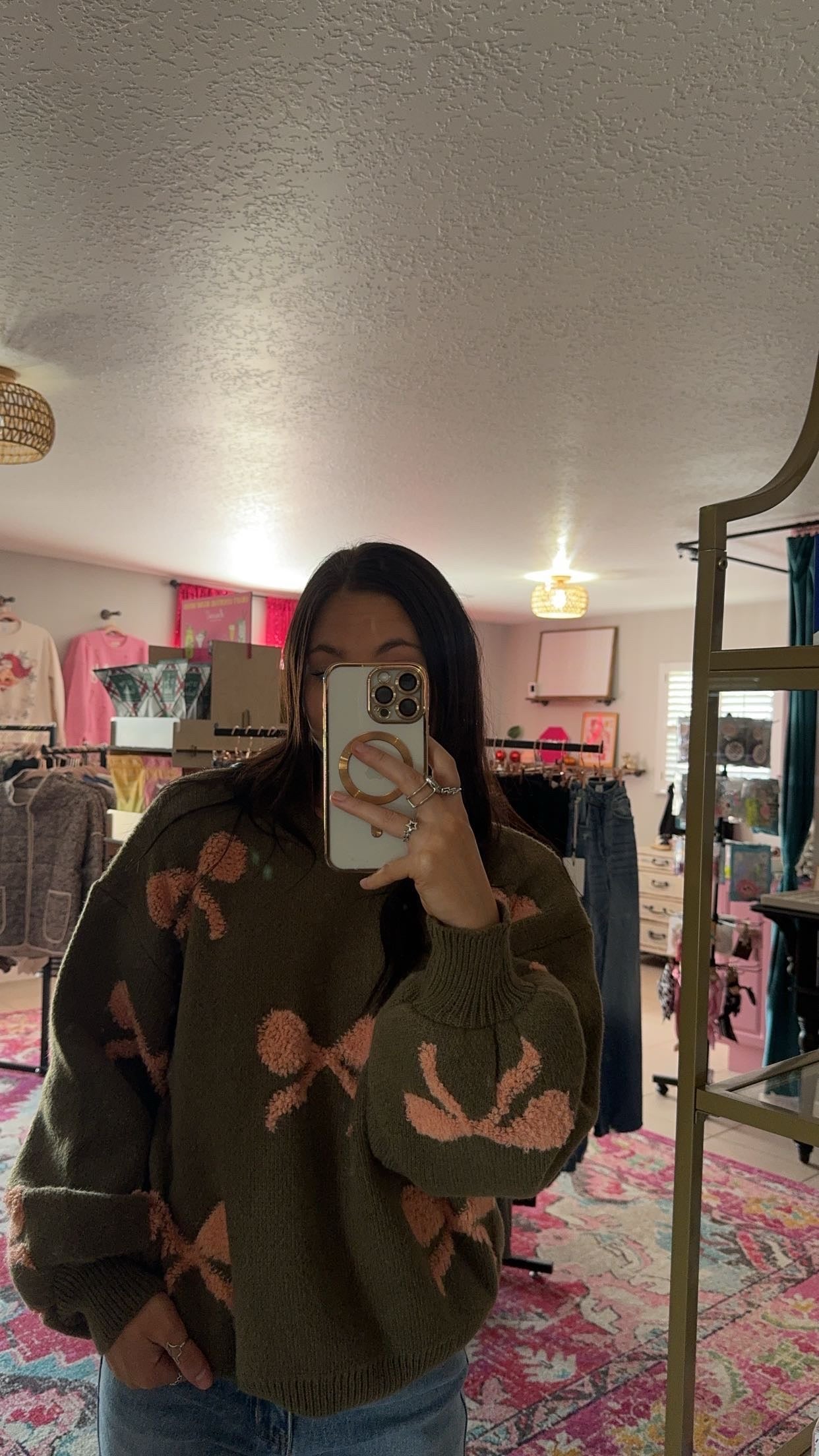 Olive and Coral Bow Sweater