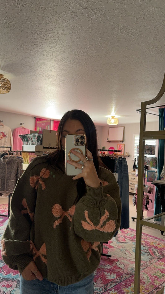 Olive and Coral Bow Sweater
