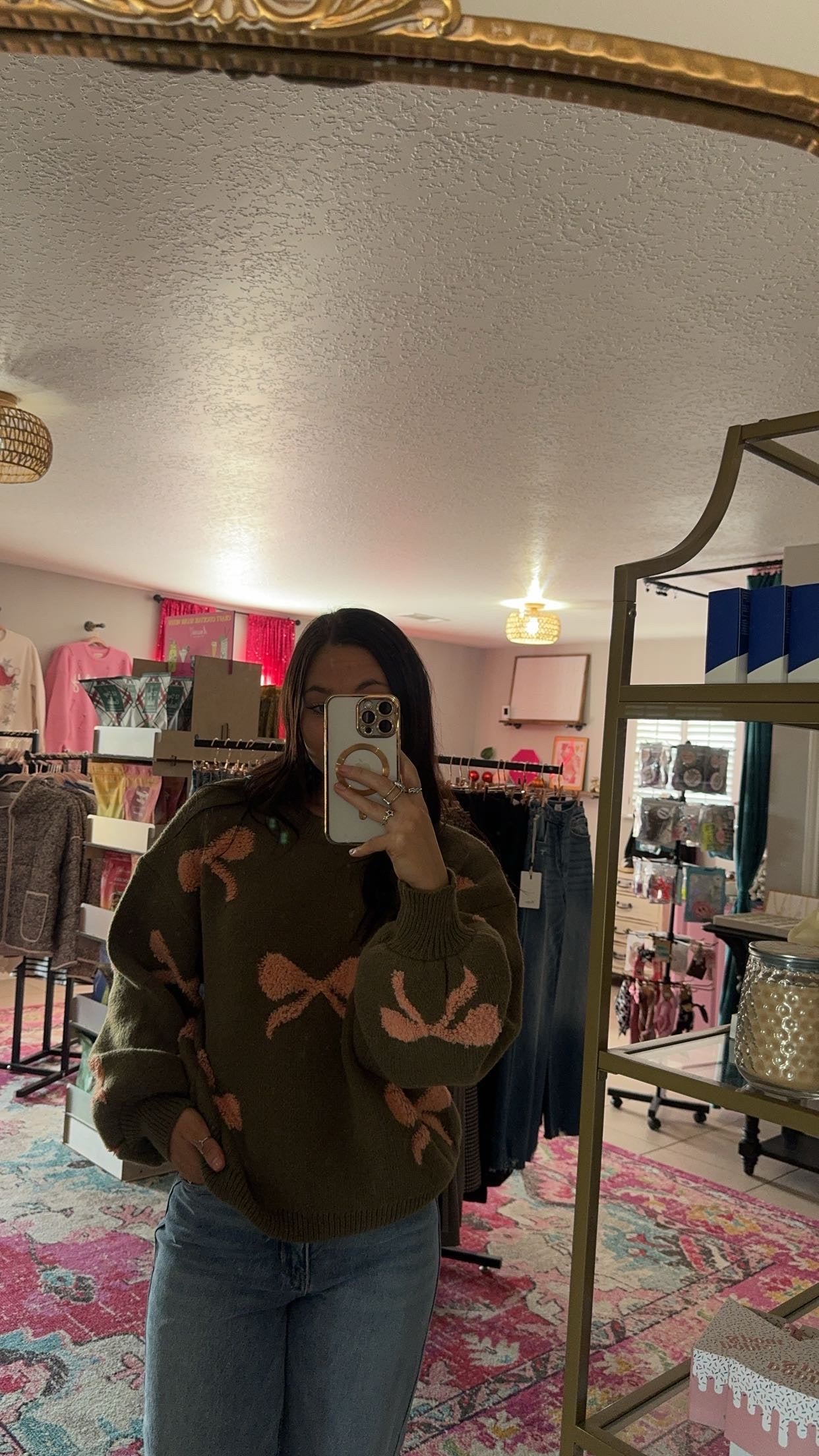 Olive and Coral Bow Sweater