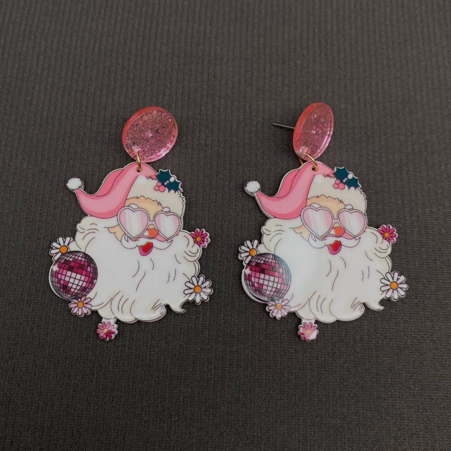 Christmas Santa Claus Acrylic Post Earrings - Pink Disco