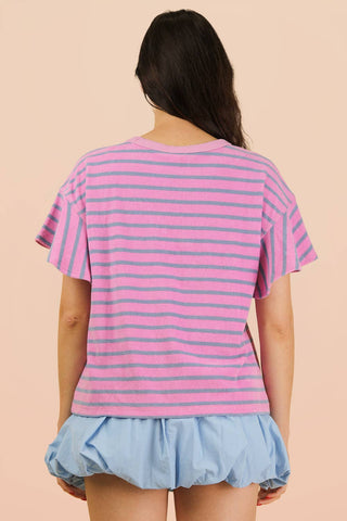 VERY J - NT12476-Oversized Ruffle Sleeve Casual Stripe Knit Top