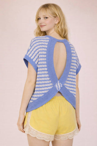 VERY J - NT12605-Open Back Striped Textured Knit Top