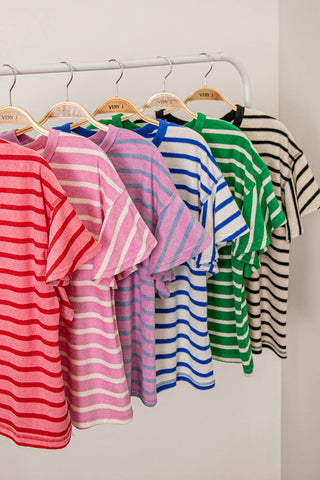 VERY J - NT12476-Oversized Ruffle Sleeve Casual Stripe Knit Top
