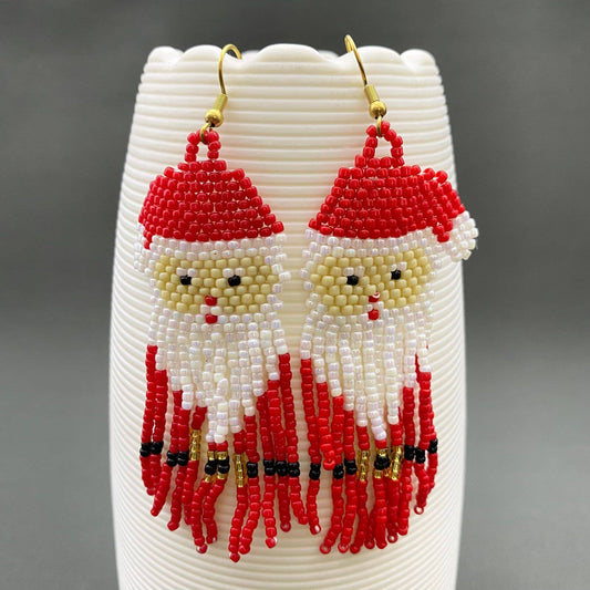 Mio Queena - Christmas Santa Claus Pattern Seed Beads Fringe Earrings -SB