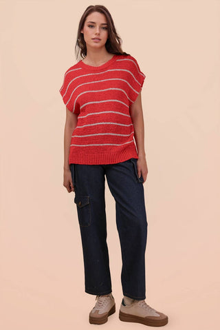 VERY J - 12W3319N-Striped Knit Sweater Vest Top