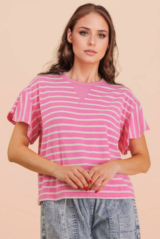 VERY J - NT12476-Oversized Ruffle Sleeve Casual Stripe Knit Top