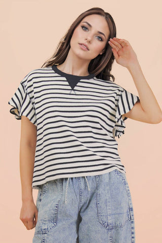 VERY J - NT12476-Oversized Ruffle Sleeve Casual Stripe Knit Top