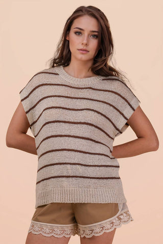 VERY J - 12W3319N-Striped Knit Sweater Vest Top