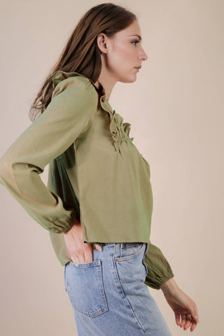 VERY J - NT11848-Casual Ruffle Shoulder Woven Blouse Top