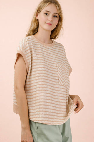 VERY J - NT12605-Open Back Striped Textured Knit Top