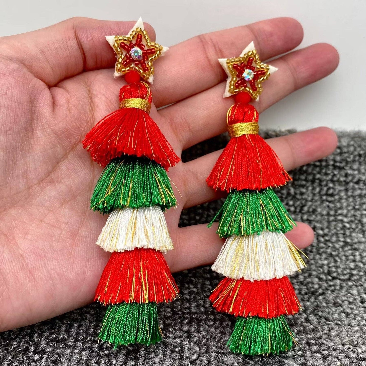 Mio Queena - Christmas Colored Polyester Tassel Stars Post Earrings