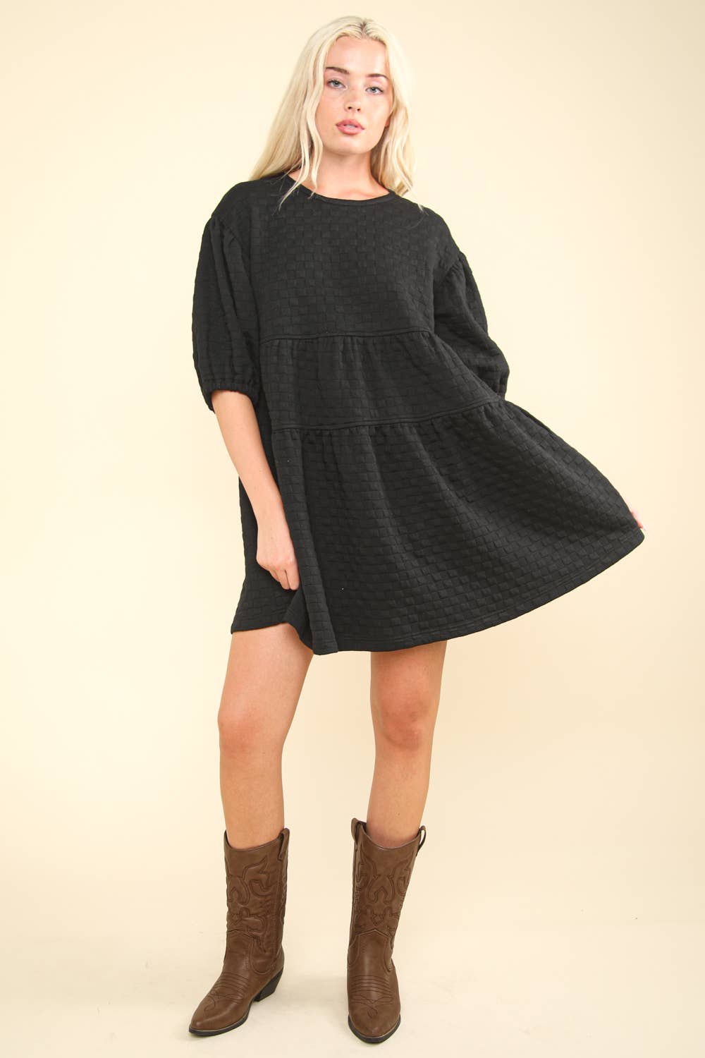 Quilted Knit A-Line Puff Sleeve Babydoll Mini Dress