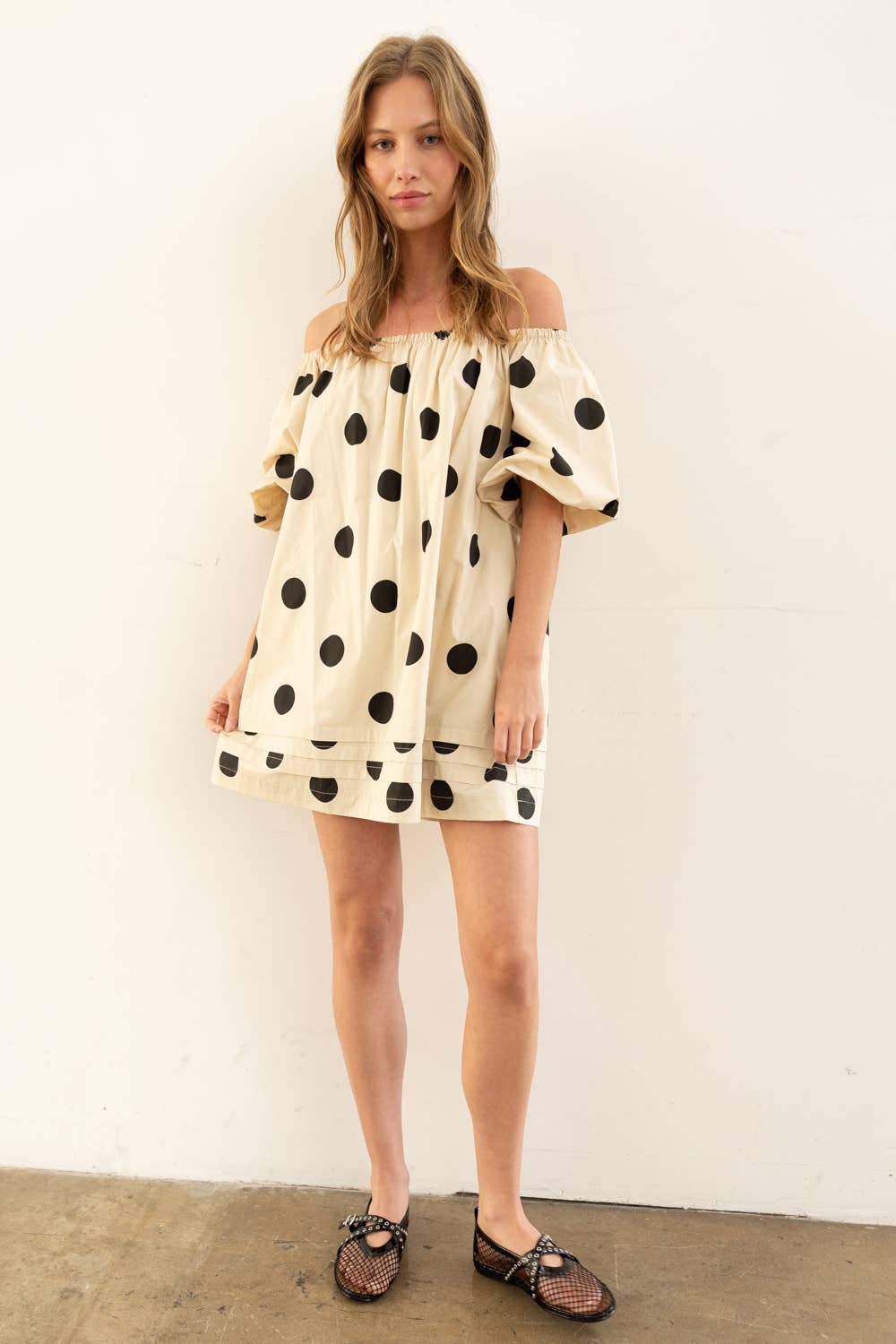 Off-Shoulder Polka Dot Mini Dress