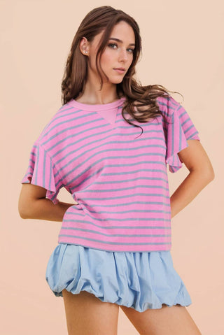 VERY J - NT12476-Oversized Ruffle Sleeve Casual Stripe Knit Top