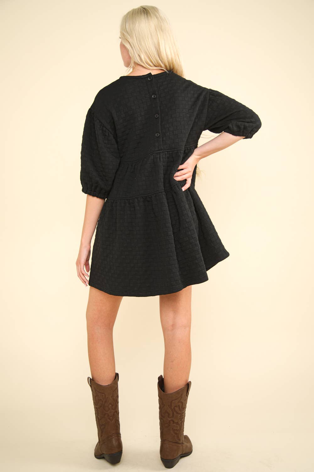 Quilted Knit A-Line Puff Sleeve Babydoll Mini Dress