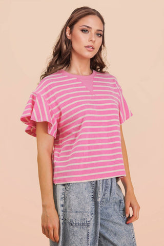 VERY J - NT12476-Oversized Ruffle Sleeve Casual Stripe Knit Top