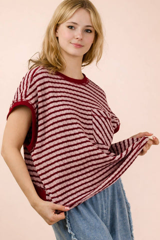 VERY J - NT12605-Open Back Striped Textured Knit Top