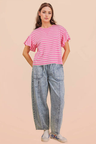 VERY J - NT12476-Oversized Ruffle Sleeve Casual Stripe Knit Top