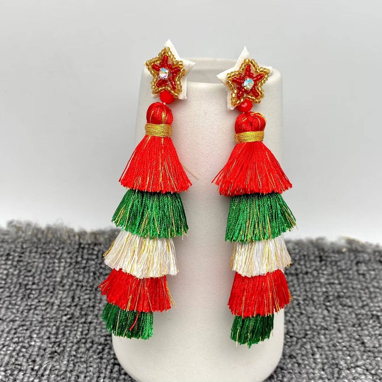 Mio Queena - Christmas Colored Polyester Tassel Stars Post Earrings