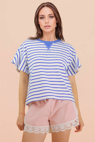 VERY J - NT12476-Oversized Ruffle Sleeve Casual Stripe Knit Top