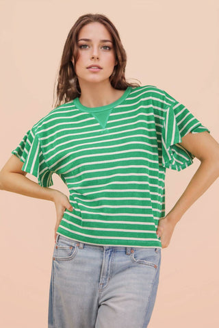 VERY J - NT12476-Oversized Ruffle Sleeve Casual Stripe Knit Top