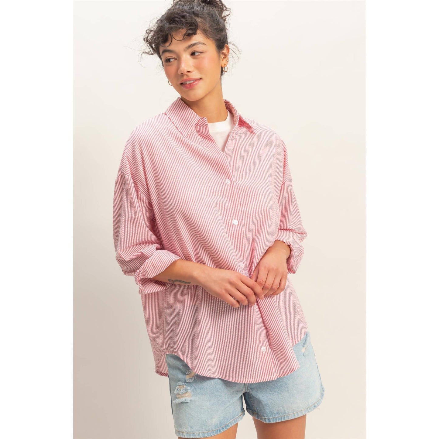 Red Striped Button-Up Shirt