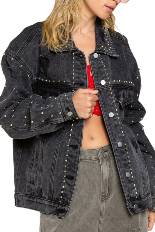 Studded Button Oversized Black Denim Jacket