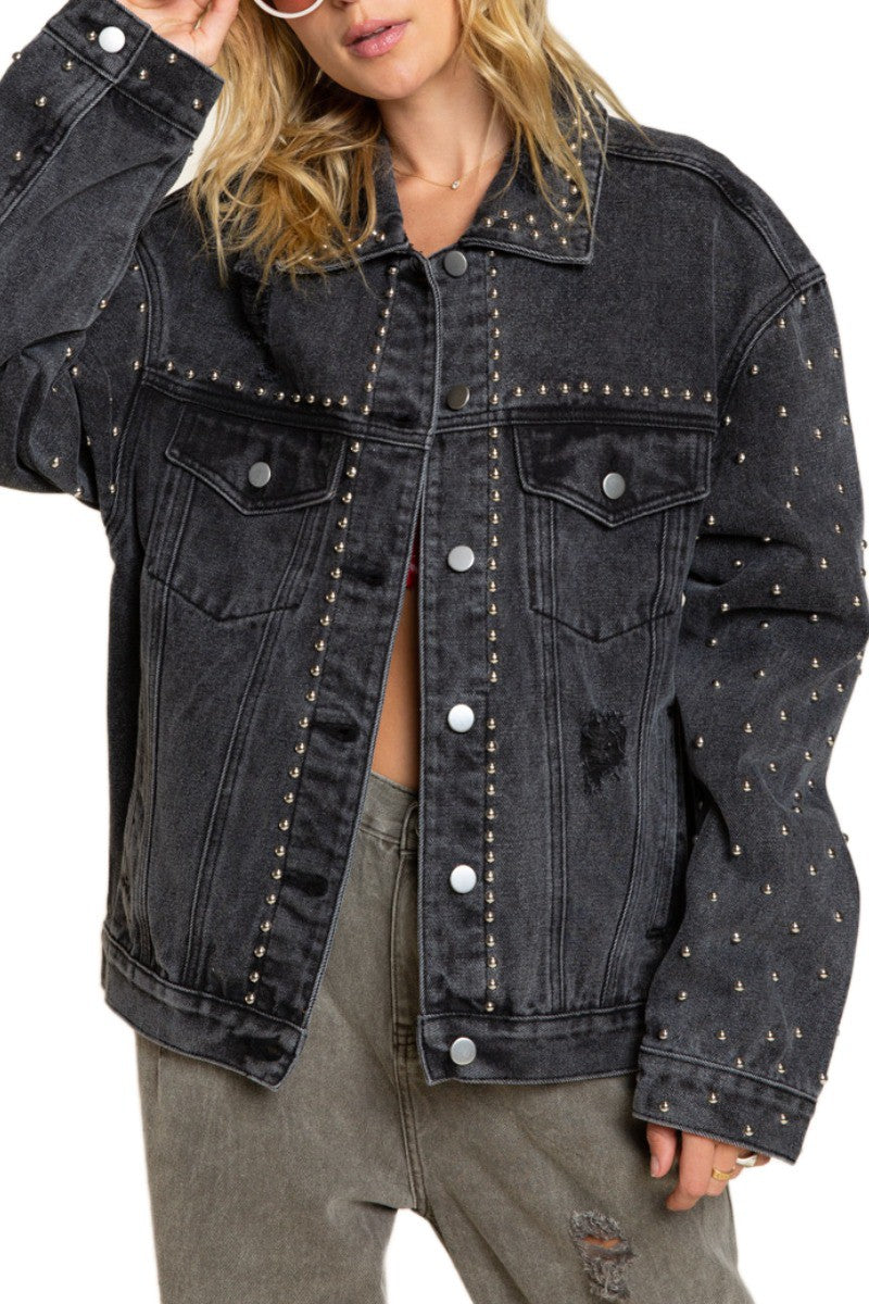 Studded Button Oversized Black Denim Jacket