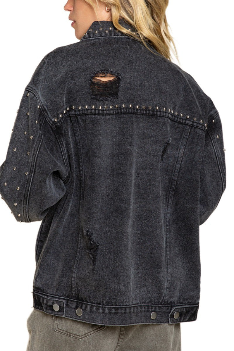 Studded Button Oversized Black Denim Jacket